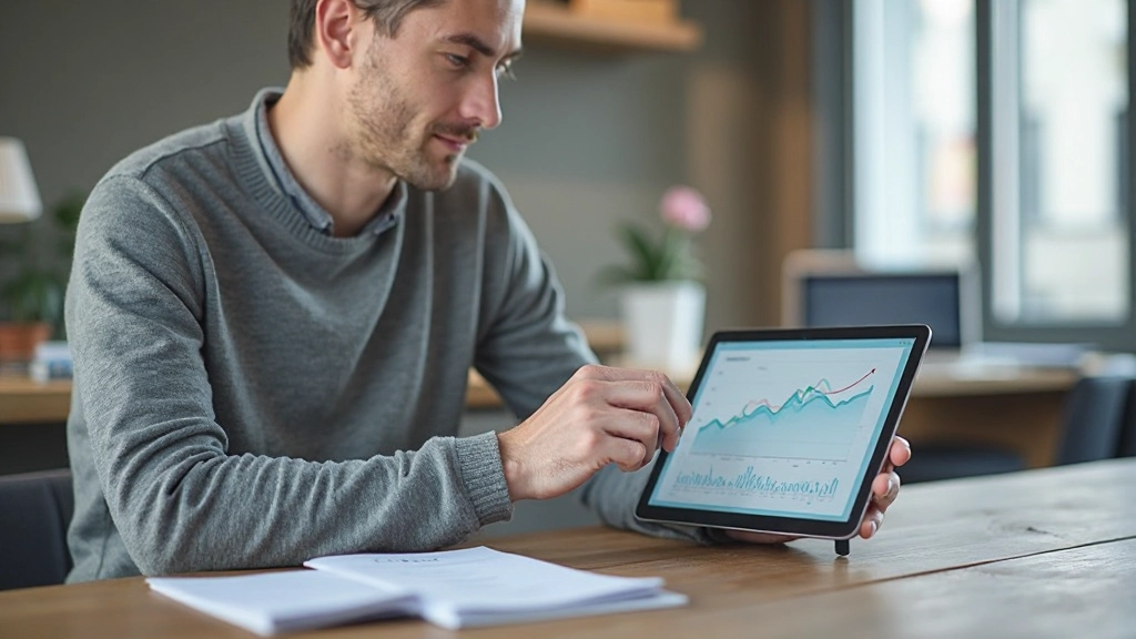 Mladý muž analyzuje graf finančného rastu na tablete v modernej kancelárskej pracovni