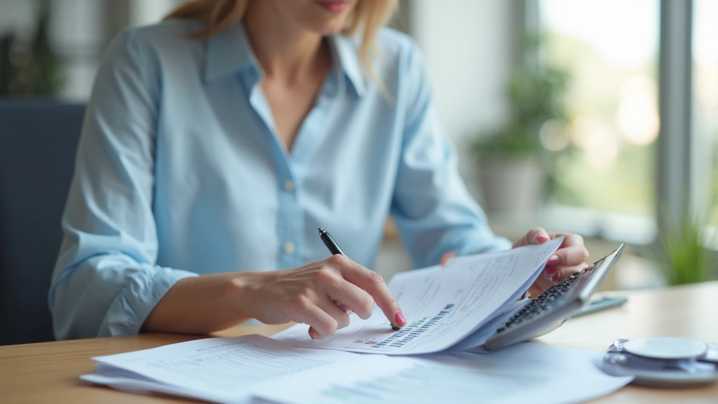 Profesionálna žena prezerá finančný rozpočet s tabuľkou a kalkulačkou na stole