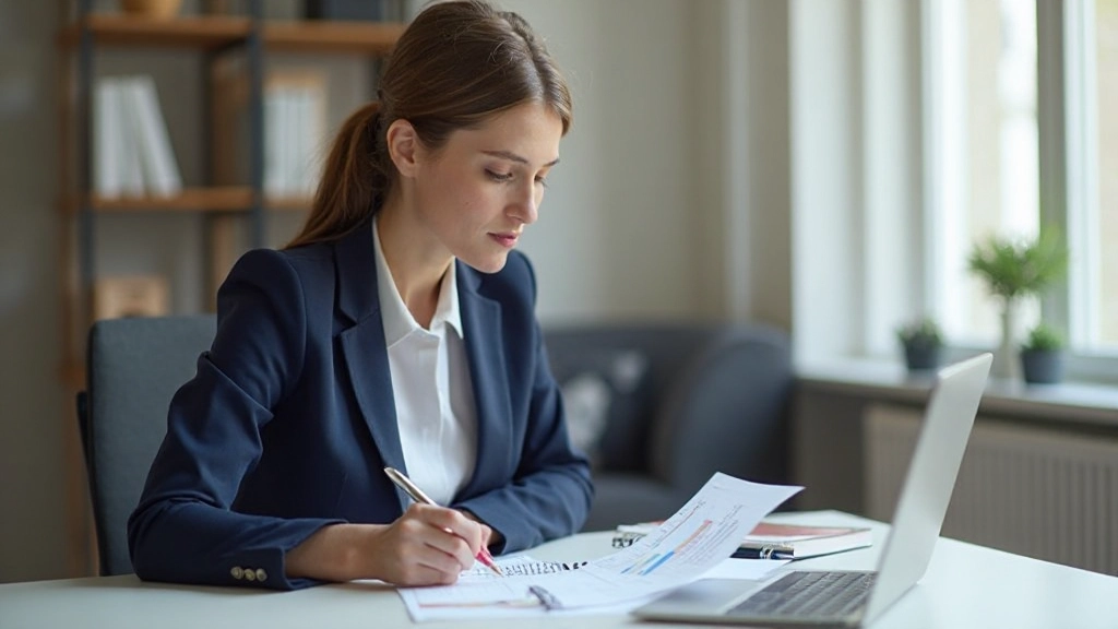 Profesionálna žena analyzuje finančný plán s grafmi a tabuľkami na pracovnom stole